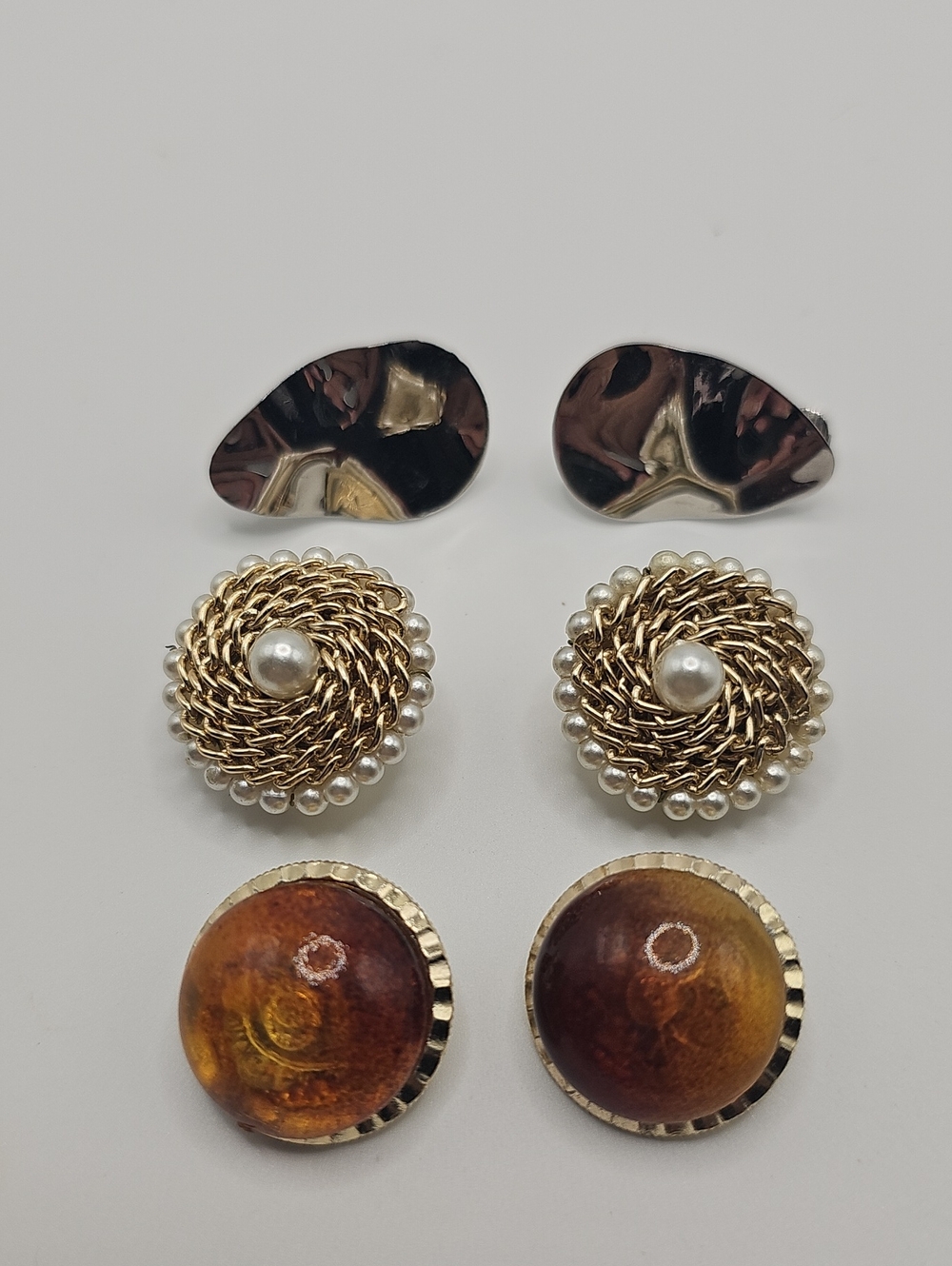Gold Pearl Rope Knot Earrings Amber With Gold, All Clip Earings. Lot Of 3